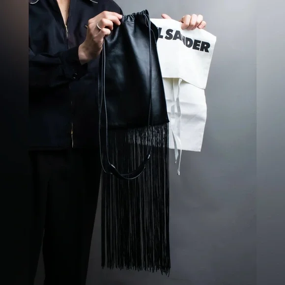 Jil Sander Designer Black Leather Tassle Fringe Unique Smooth Bag Handbag Should - Picture 3 of 16